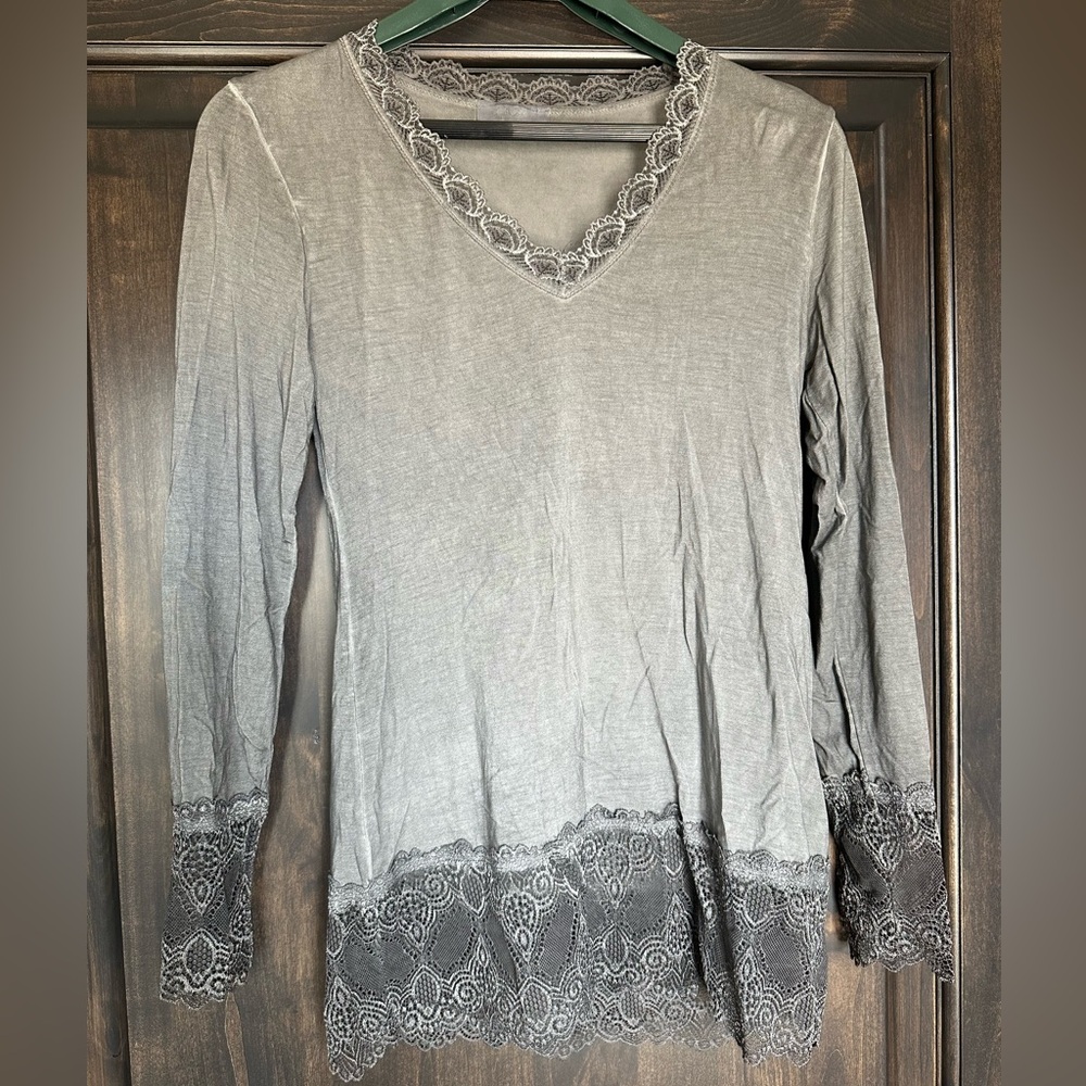 Elegant Gray Lace Trim Top
